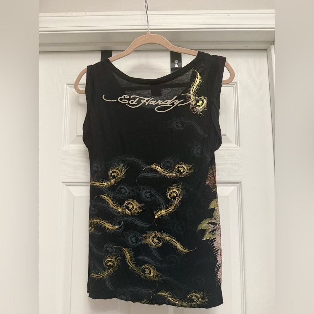 Ed Hardy Vintage Y2K Women’s Black Peacock Print Sleeveless Top Size Small - Picture 5 of 5